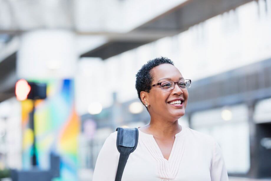 smiling woman in airport